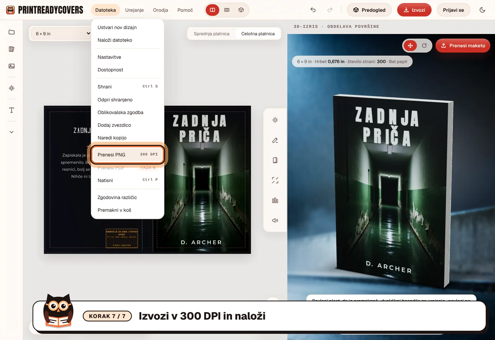 Izvozi v 300 DPI in naloži — posnetek zaslona studia PrintReadyCovers