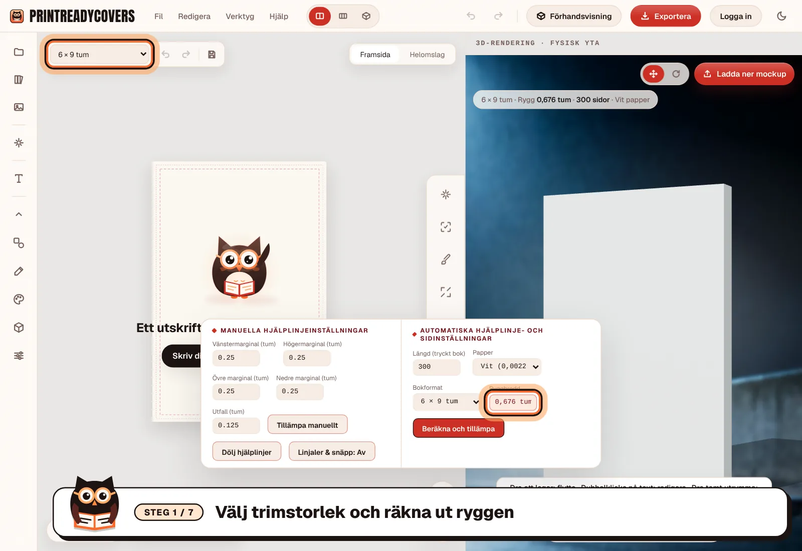 Välj trimstorlek och räkna ut ryggen — skärmbild av PrintReadyCovers-studion