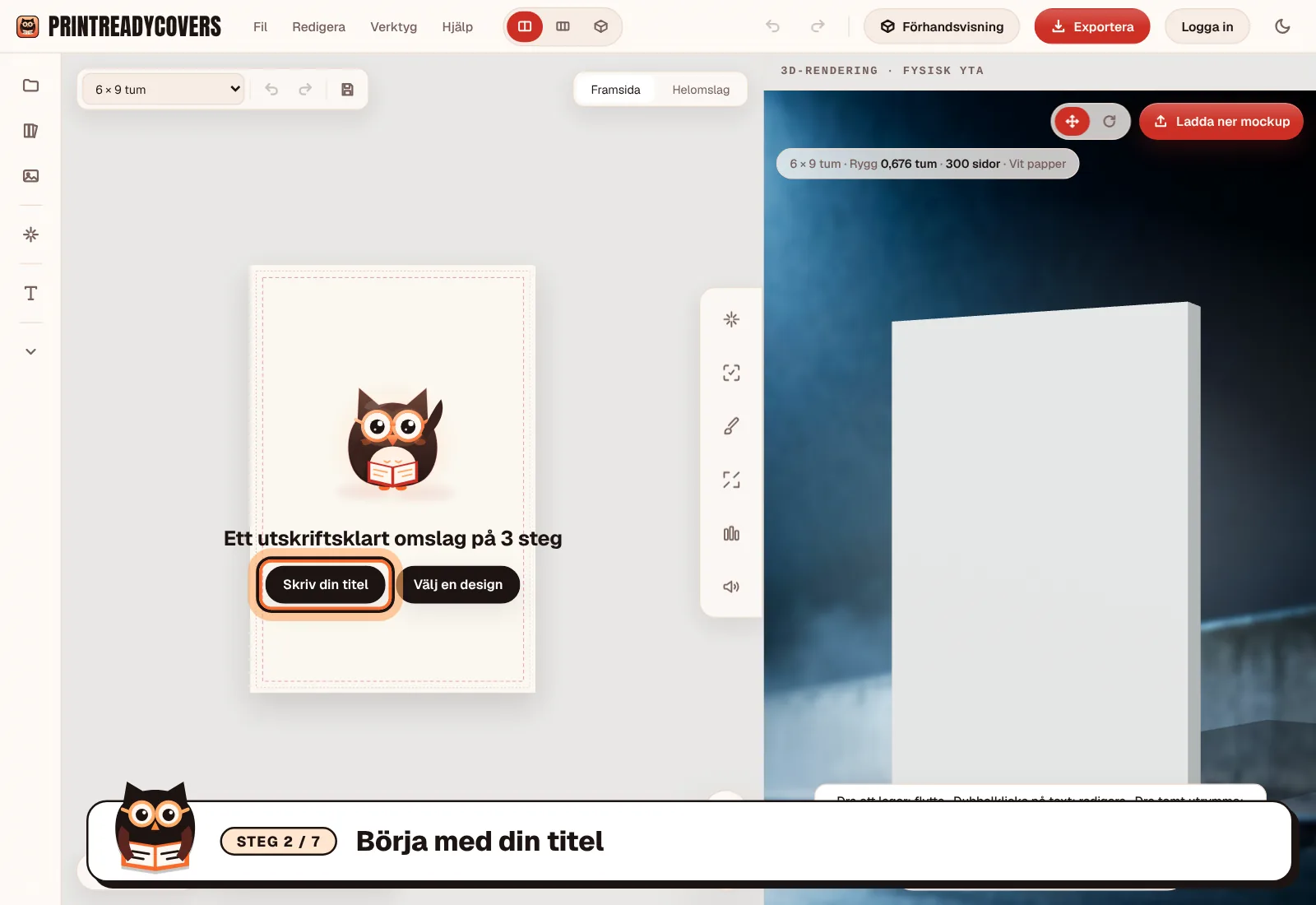 Börja med din titel — skärmbild av PrintReadyCovers-studion