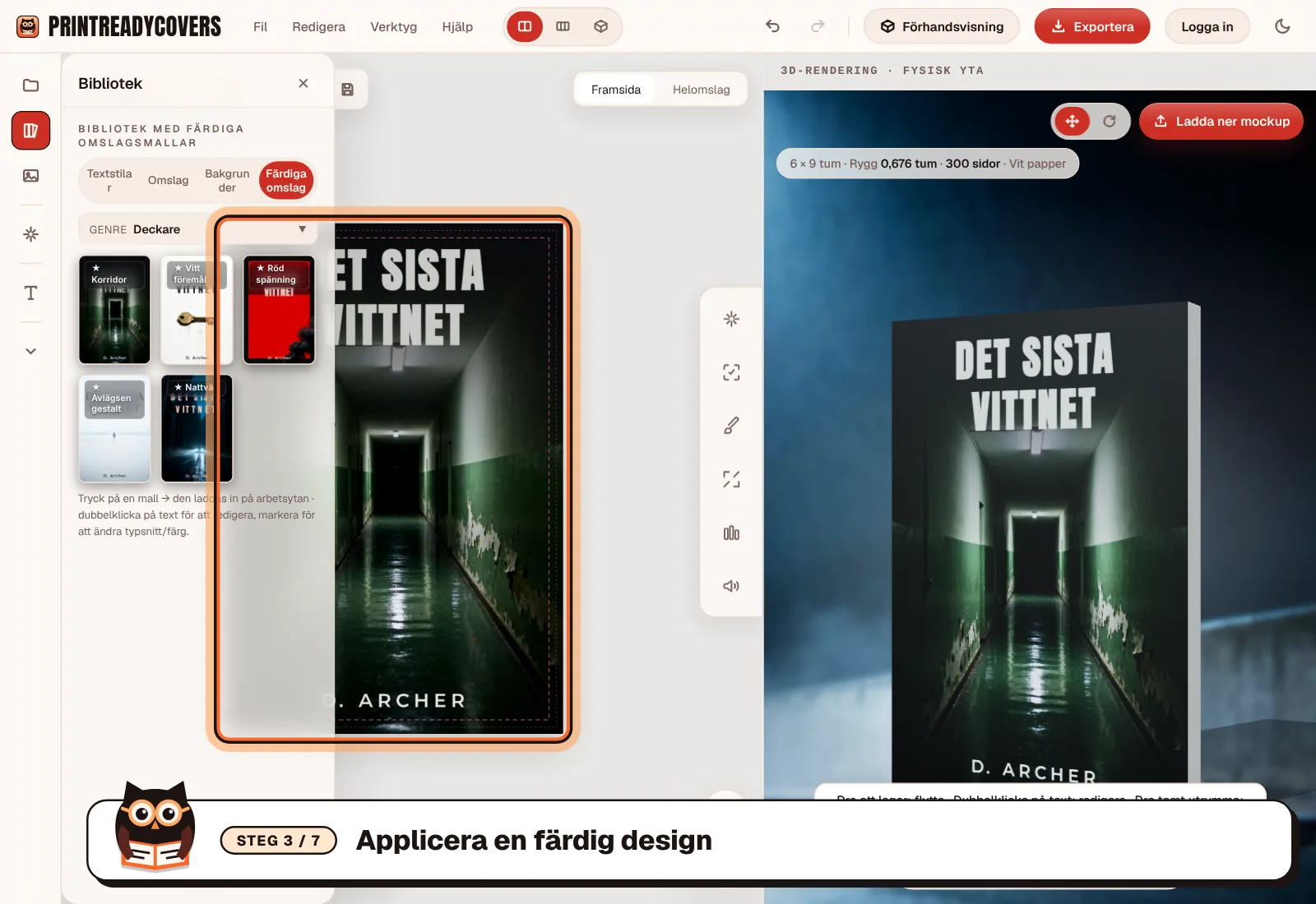 Applicera en färdig design — skärmbild av PrintReadyCovers-studion