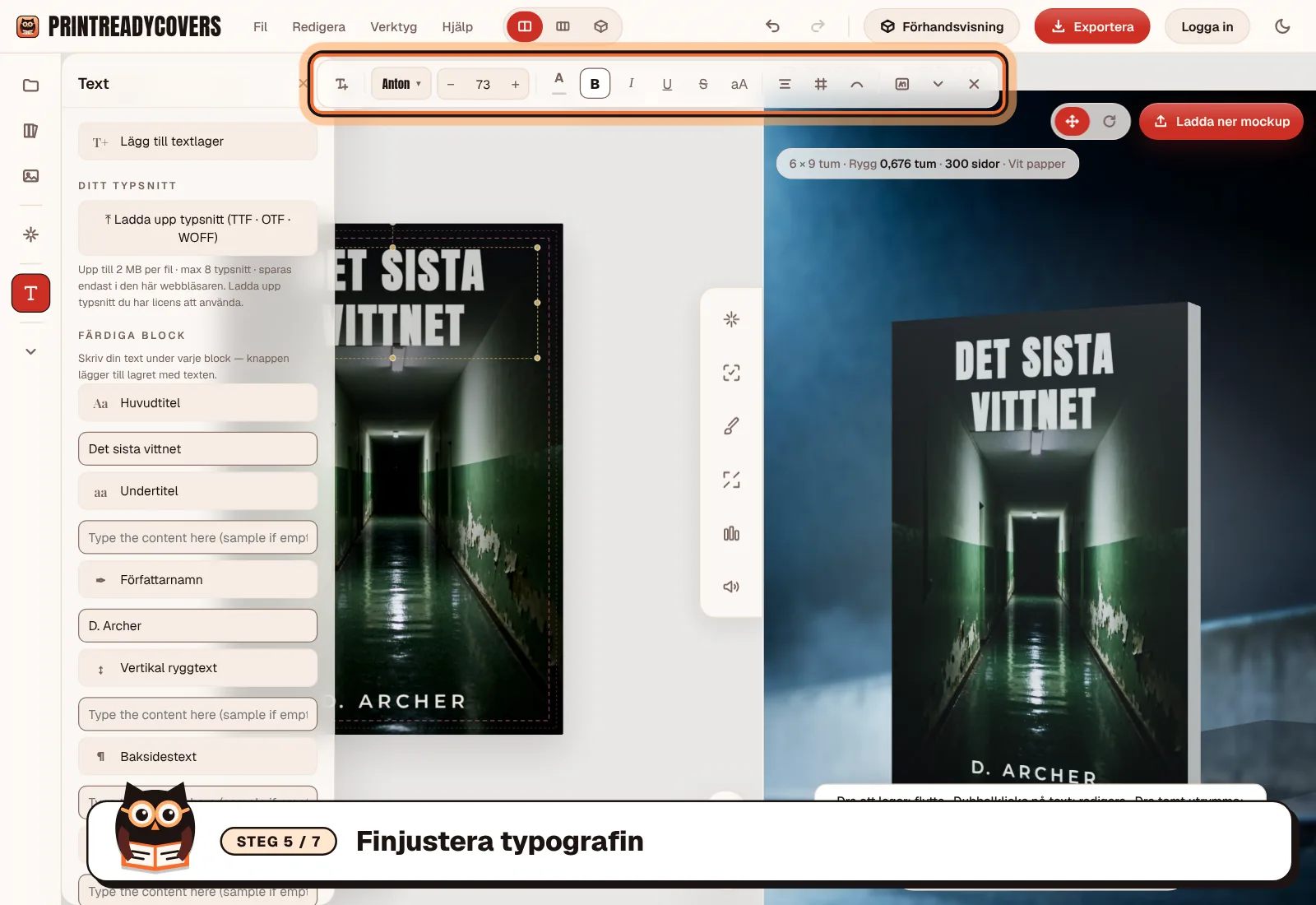 Finjustera typografin — skärmbild av PrintReadyCovers-studion