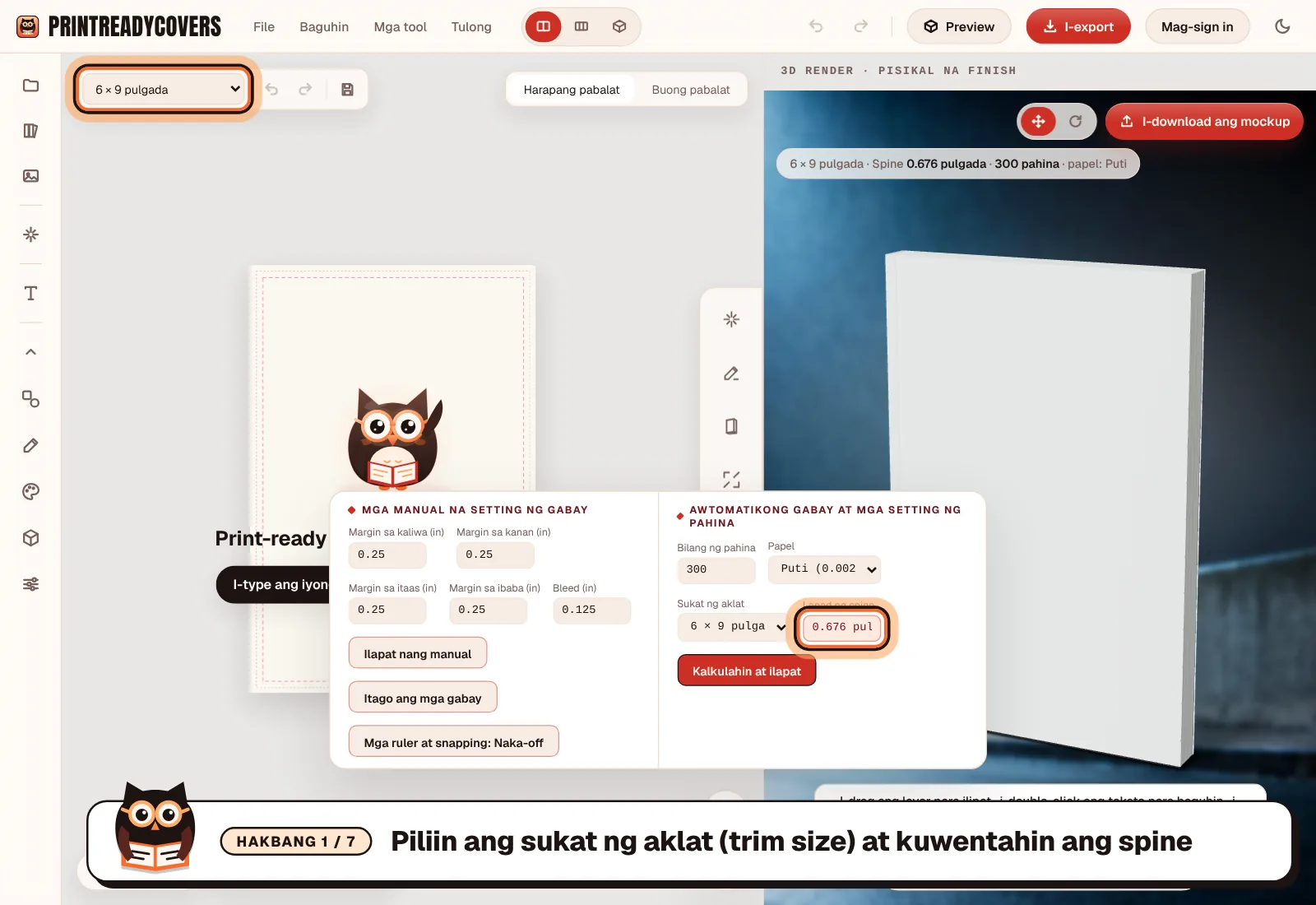 Piliin ang sukat ng aklat (trim size) at kuwentahin ang spine — screenshot ng PrintReadyCovers studio