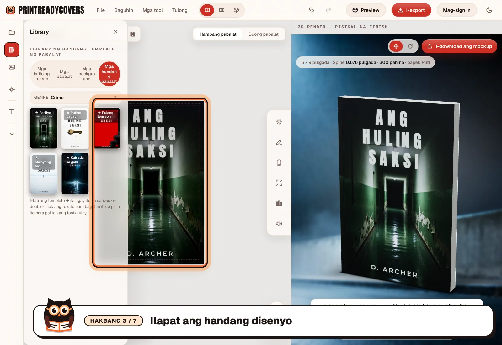 Ilapat ang handang disenyo — screenshot ng PrintReadyCovers studio