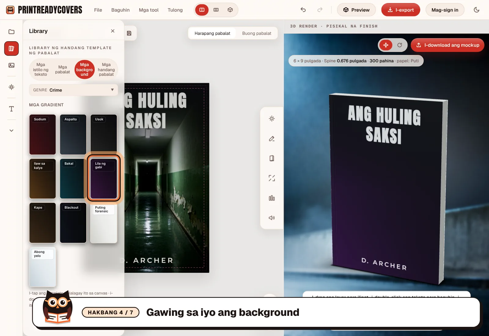 Gawing sa iyo ang background — screenshot ng PrintReadyCovers studio