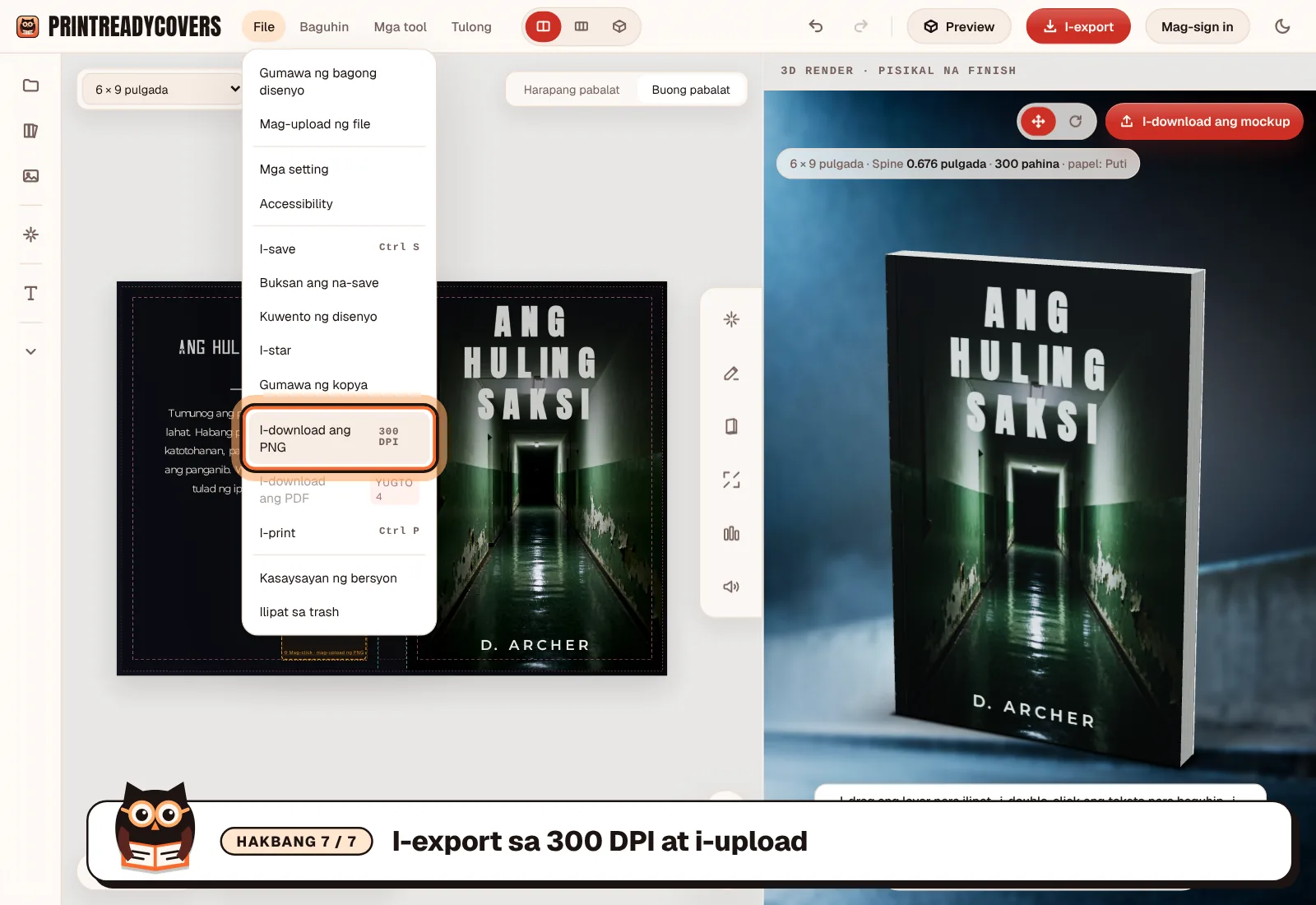 I-export sa 300 DPI at i-upload — screenshot ng PrintReadyCovers studio
