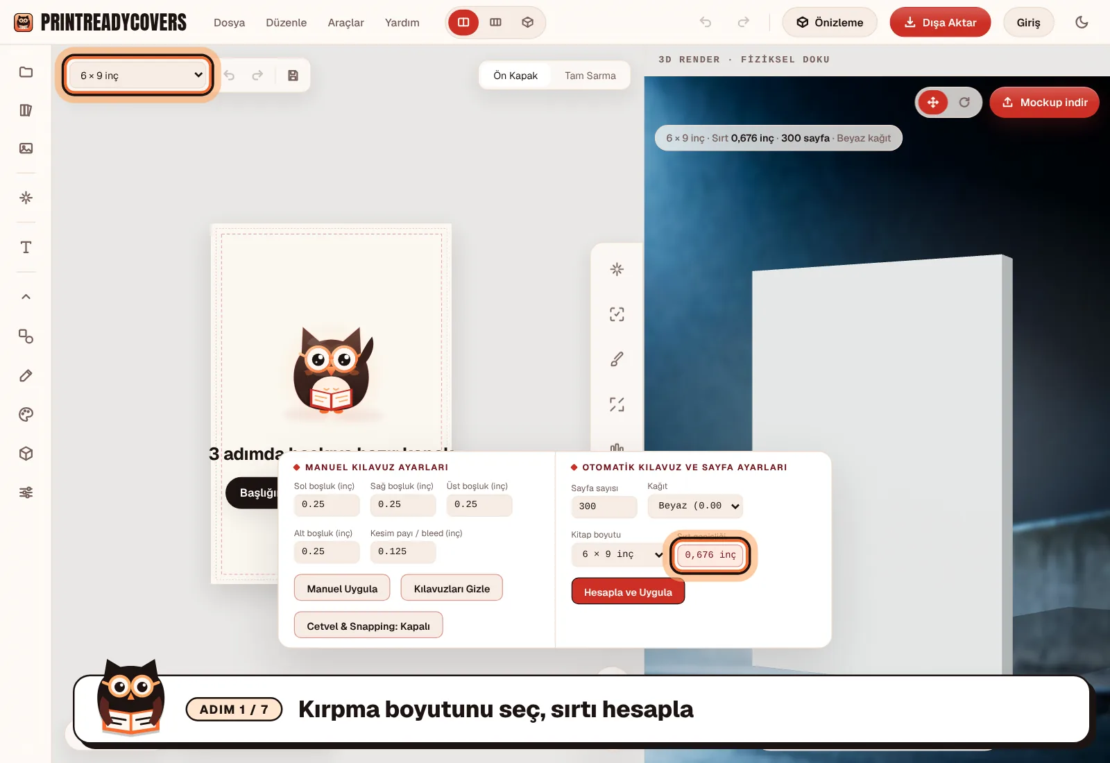 Kırpma boyutunu seç, sırtı hesapla — PrintReadyCovers stüdyosundan ekran görüntüsü