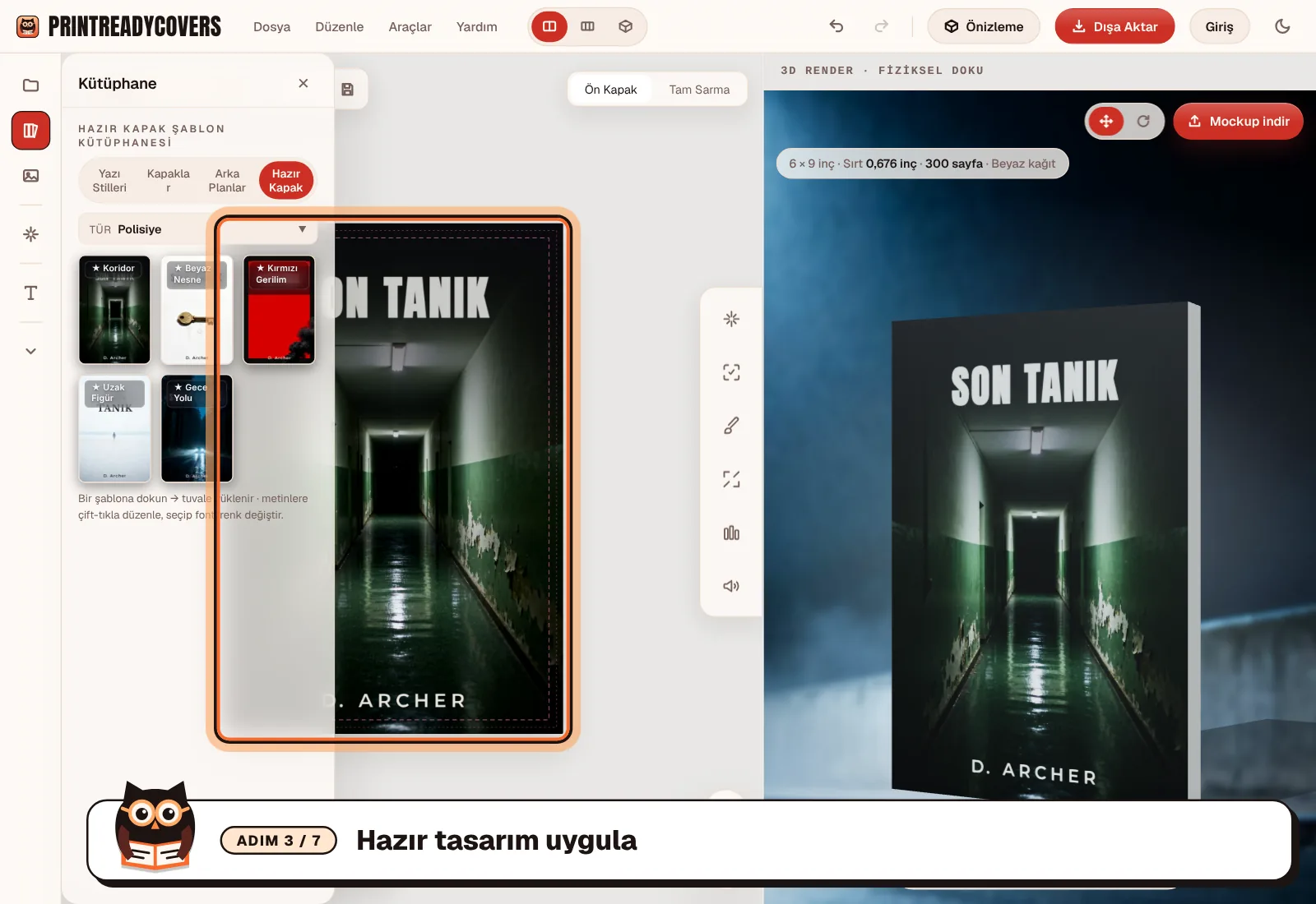 Hazır tasarım uygula — PrintReadyCovers stüdyosundan ekran görüntüsü