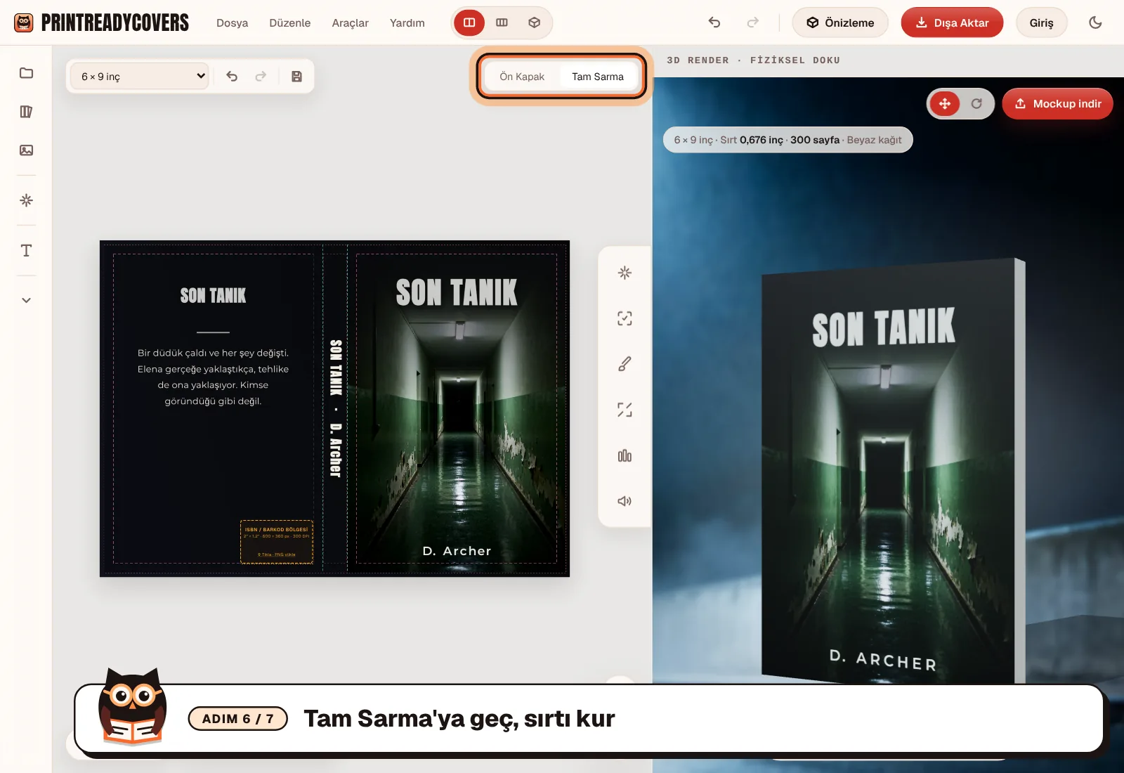Tam Sarma'ya geç, sırtı kur — PrintReadyCovers stüdyosundan ekran görüntüsü