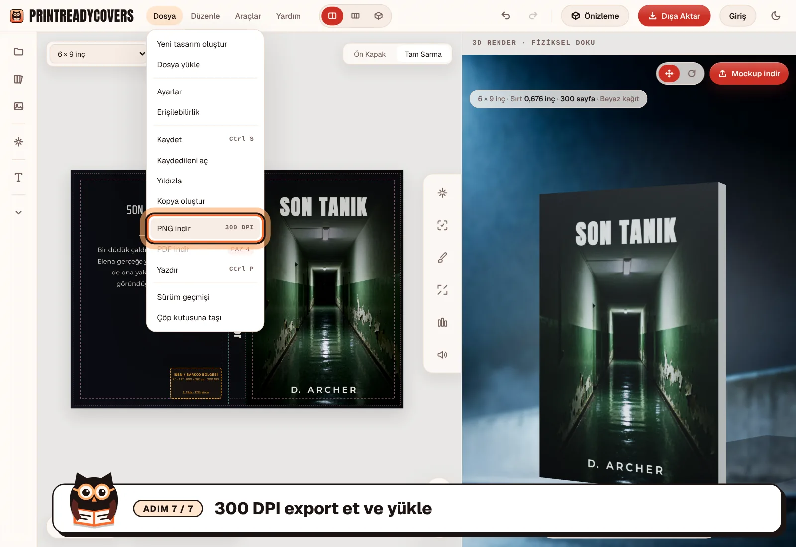 300 DPI export et ve yükle — PrintReadyCovers stüdyosundan ekran görüntüsü