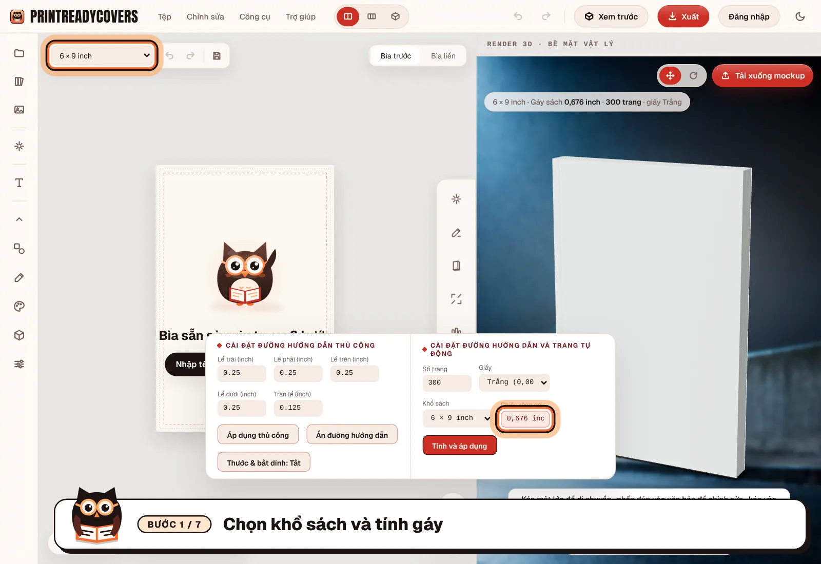 Chọn khổ sách và tính gáy — ảnh chụp màn hình studio PrintReadyCovers