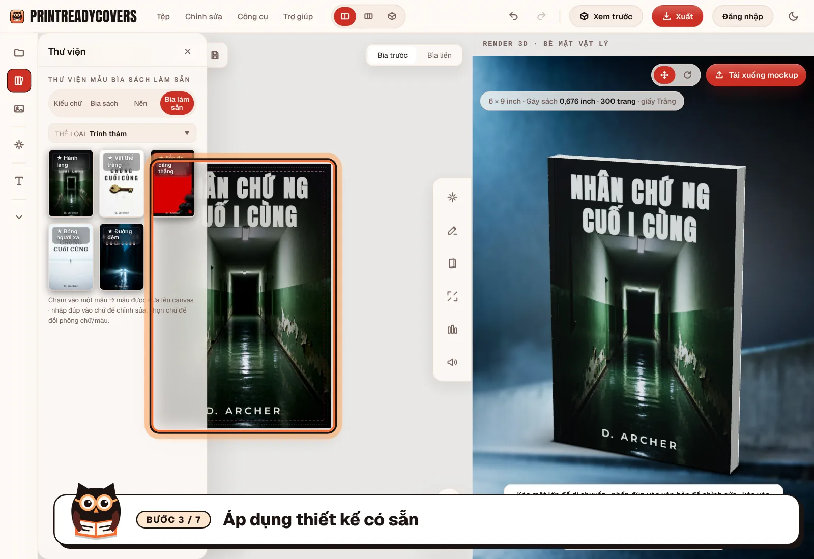 Áp dụng thiết kế có sẵn — ảnh chụp màn hình studio PrintReadyCovers