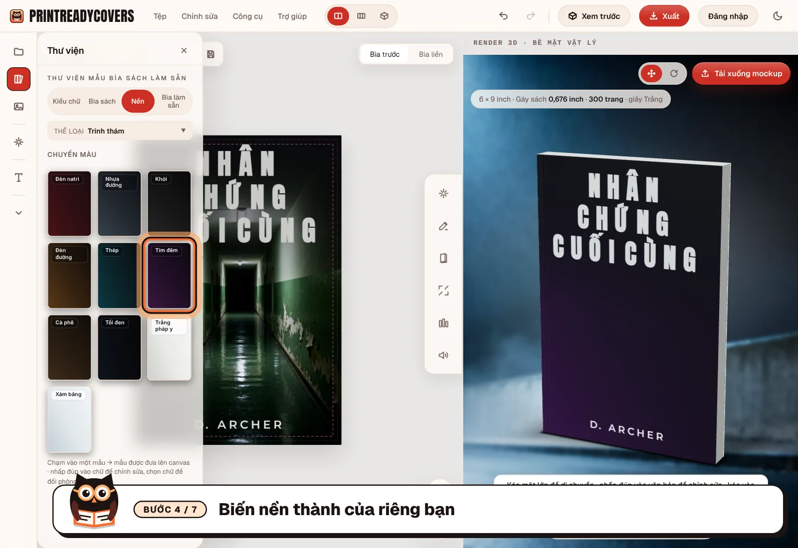Biến nền thành của riêng bạn — ảnh chụp màn hình studio PrintReadyCovers