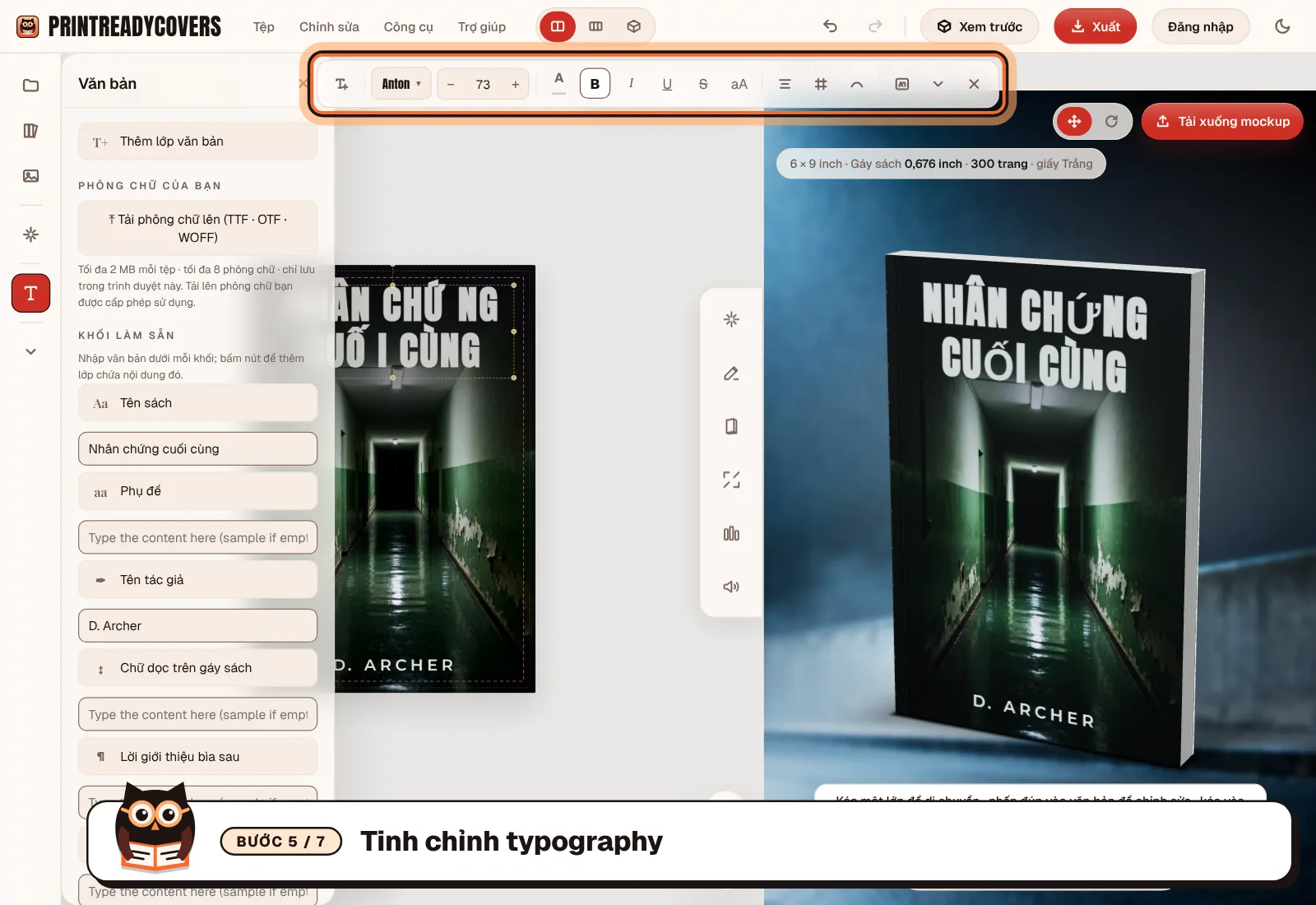 Tinh chỉnh kiểu chữ — ảnh chụp màn hình studio PrintReadyCovers